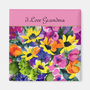 GRANDMA - I Love Grandma, watercolor flowers, Magnet