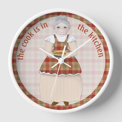Grandma in Plaid Apron Cooking in the Kitchen Wall Clock
