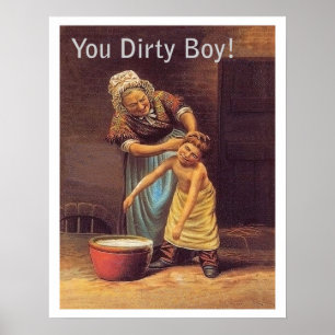 Grandma is washing her dirty boy, funny vintage poster