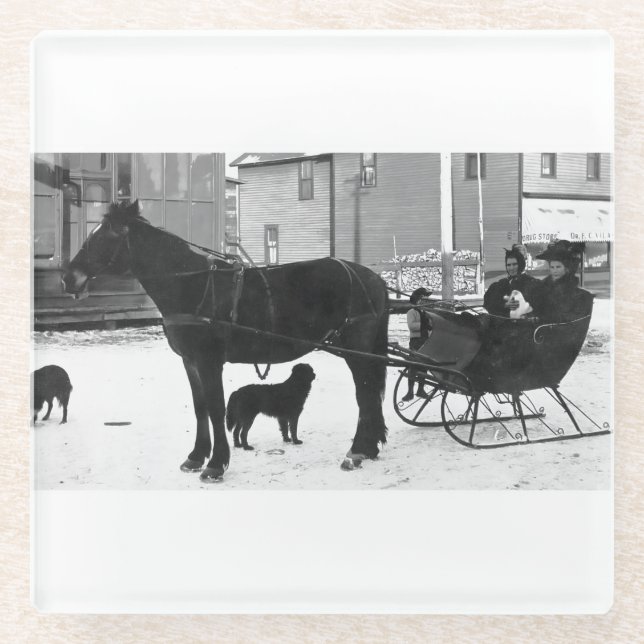 Grandma Johnson Sleigh - White Band Square Glass Coaster (Front)