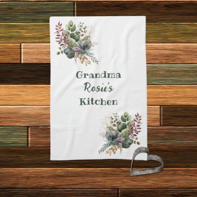 Grandma Kitchen | Personalized Watercolor Greenery Kitchen Towel (Creator Uploaded)