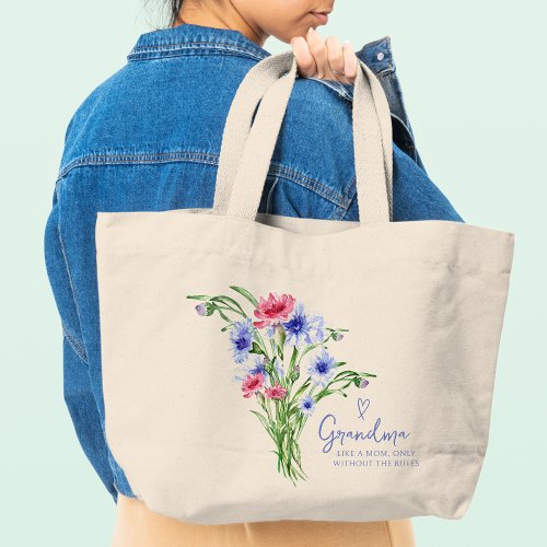Grandma Like A Mom Modern Script Watercolor Floral Large Tote Bag