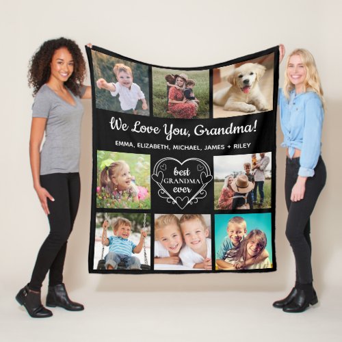 Grandma Love You 8 Photo Collage Black Fleece Blanket