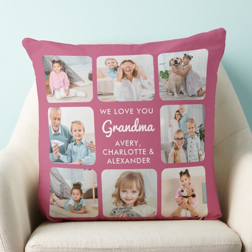Grandma Love You Personalized Photo Collage Pink Throw Pillow