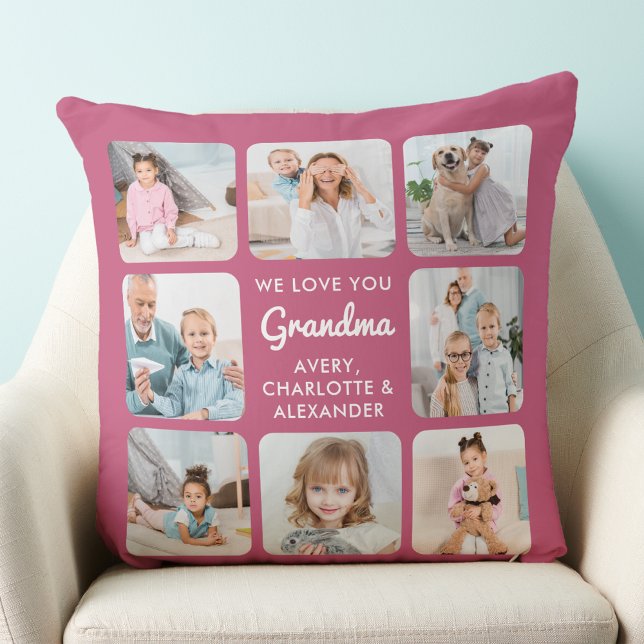 Grandma Love You Personalized Photo Collage Pink Throw Pillow (Creator Uploaded)