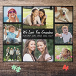 Grandma Love You Photo Collage Jigsaw Puzzle<br><div class="desc">A fun photo collage jigsaw puzzle for the world's greatest Grandma. You can personalize with eight family photos of grandchildren, children, pets, etc., customize the expression to "I Love You" or "We Love You, " and whether she is called "Grandma, " "Nana, " "Mommom, " etc., and add the grandchildren's...</div>