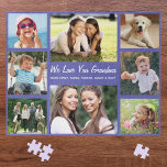 Grandma Love You Photo Collage Purple Jigsaw Puzzle<br><div class="desc">A fun photo collage purple jigsaw puzzle for the world's greatest Grandma. You can personalize with eight family photos of grandchildren, children, pets, etc., customize the expression to "I Love You" or "We Love You, " and whether she is called "Grandma, " "Nana, " "Mommom, " etc., and add the...</div>