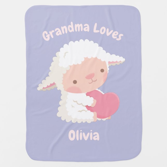 Grandma Loves Cute Little Lamb Name Baby Blanket (Front)
