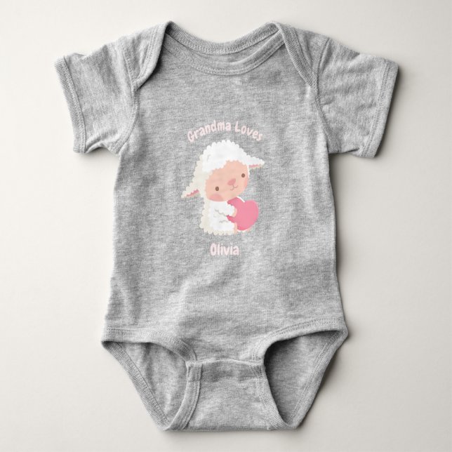 Grandma Loves Cute Little Lamb Personalized Baby Bodysuit (Front)