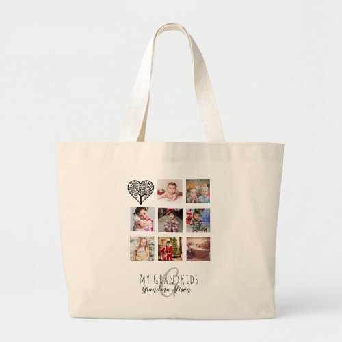 Grandma Loves Her Family Tree Photo Collage Gift Large Tote Bag