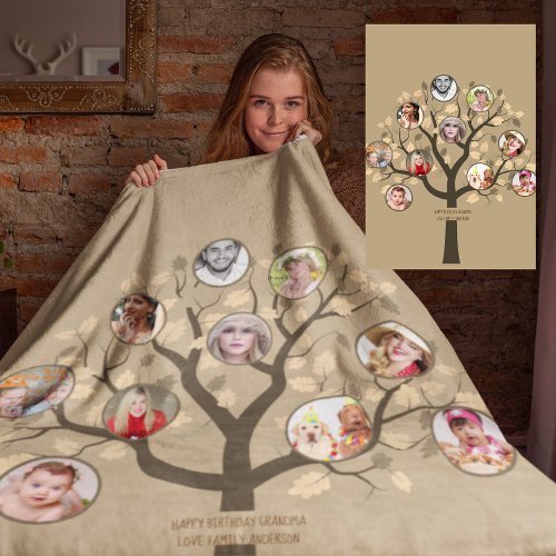 Grandma Loves Her Family Tree Photo Collage Soft Fleece Blanket