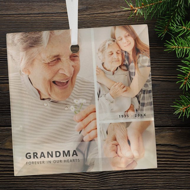 Grandma Memorial Modern Geometric Photo Collage Glass Ornament (Creator Uploaded)