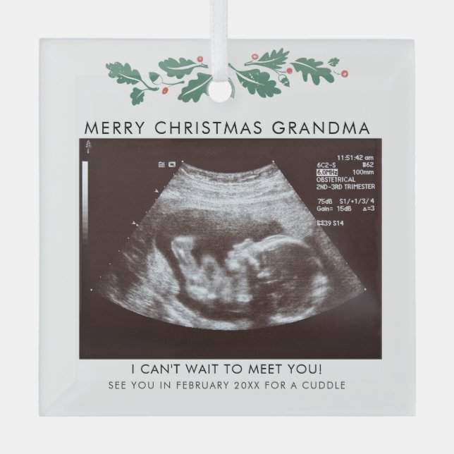 Grandma Merry Christmas Pregnancy Announcement Glass Ornament (Front)