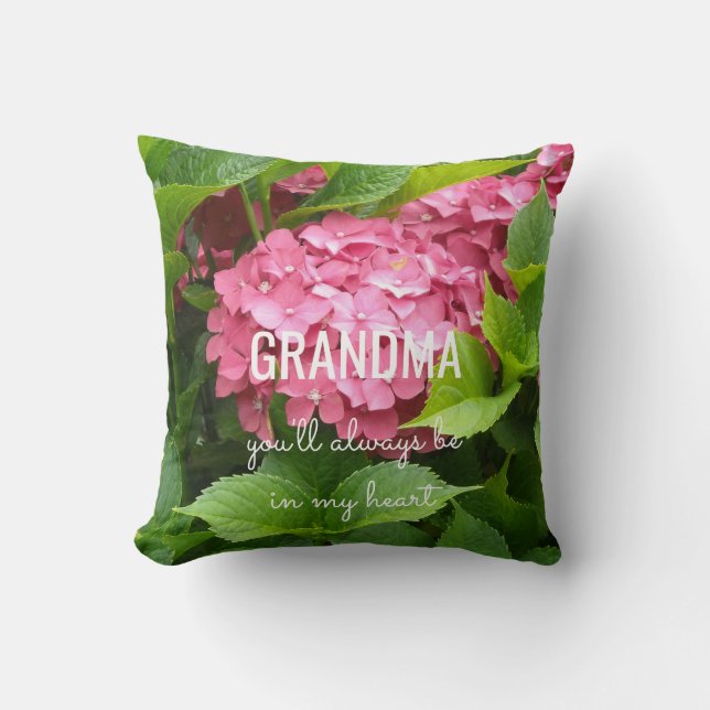 Grandma Message With Pink Hydrangeas Throw Pillow (Front)