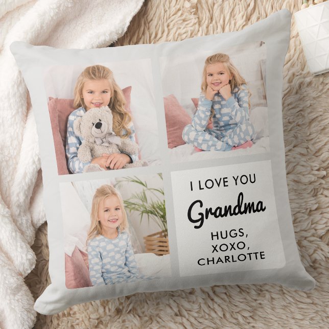 Grandma Modern Personalized 3 Photo Grandmother Throw Pillow (Creator Uploaded)
