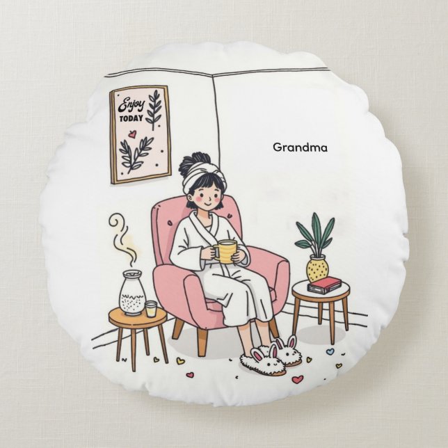 Grandma Mother's Day Cozy Relaxing Illustration Round Pillow (Front)