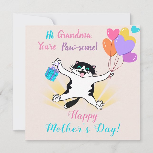 Grandma Mother's Day Cute Kitty Colorful Balloons Card (Front)