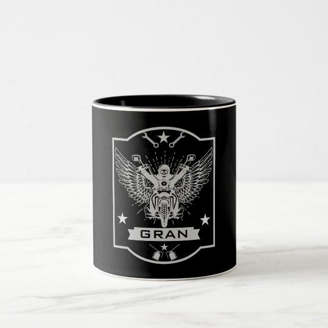 Grandma Motorbike Rider Two-Tone Coffee Mug (Center)