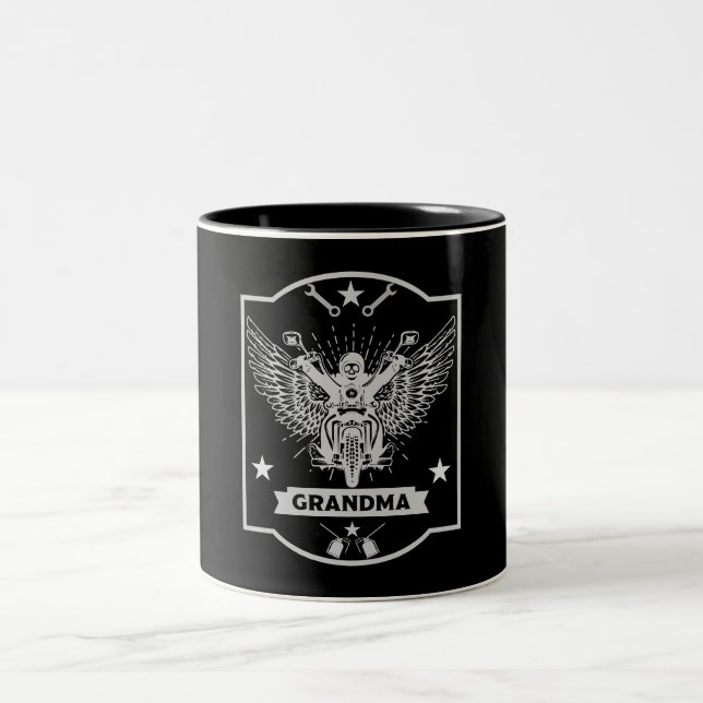 Grandma Motorbike Rider Two-Tone Coffee Mug (Center)
