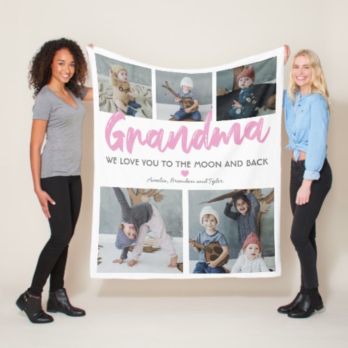 Grandma Nana 5 Photo Collage Fleece Blanket - Grandmothers are simply the best! Let your nana know how special they are to you with this personalized nana quote fleecy blanket featuring a white background that can be changed to any color, 5 photos of her grandkids, the word "grandma" in a cute pink script font, a love heart, and their names.