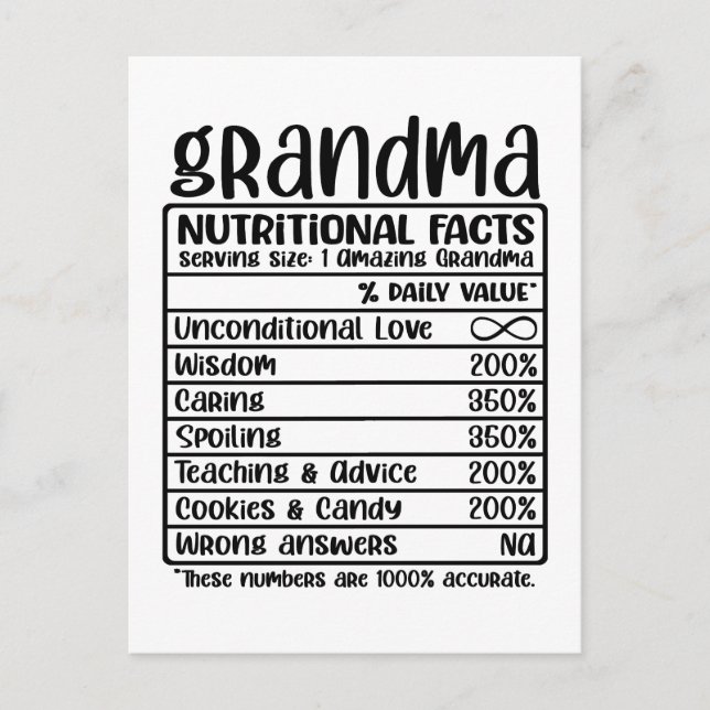 Grandma Nutritional Facts Postcard (Front)