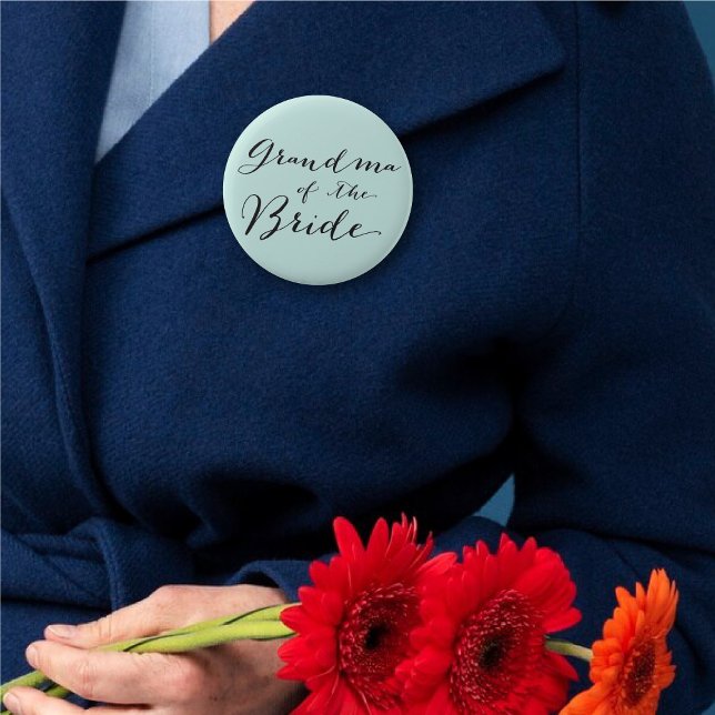 Grandma of the Bride Chic Wedding Rehearsal Party Pinback Button ('Grandma of the Bride' Classic Script Calligraphy Wedding Rehearsal Pin Button @ fatfatin_blue_knot)