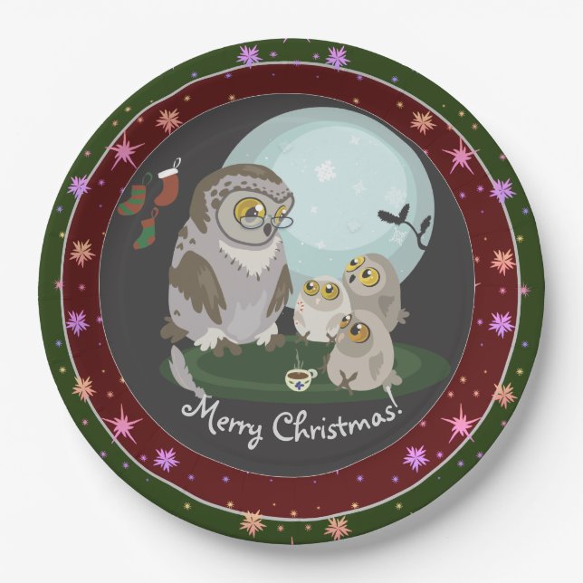 Grandma Owl Storytelling Christmas Paper Plates (Front)