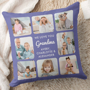 Grandma Personalised 11 Photo Collage Periwinkle Throw Pillow