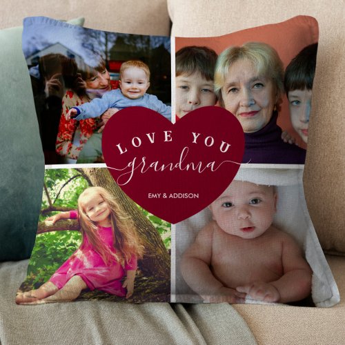 GRANDMA Personalized Photo Collage Heart Script Throw Pillow