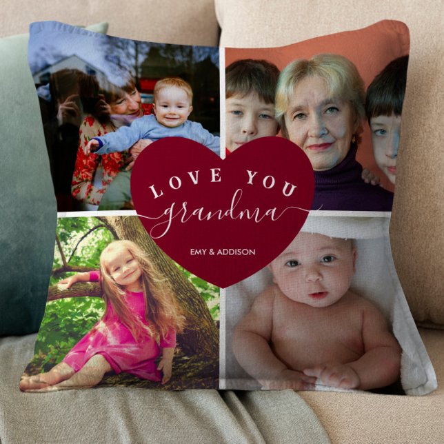 GRANDMA Personalized Photo Collage Heart Script Throw Pillow (Creator Uploaded)