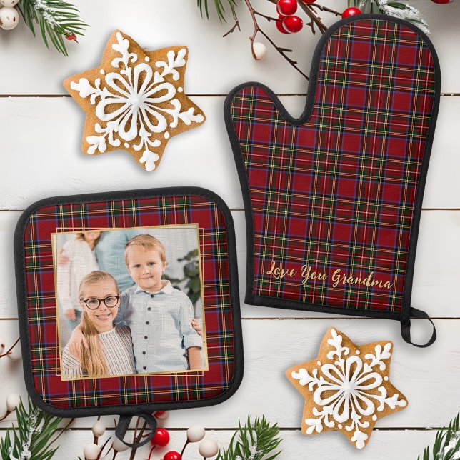 Grandma Personalized Photo Gold Christmas Plaid Oven Mitt & Pot Holder Set (Creator Uploaded)