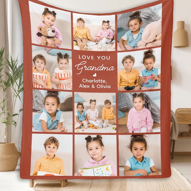Grandma Personalized Terracotta 11 Photo Collage Fleece Blanket (Creator Uploaded)