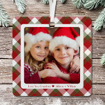 Grandma Photo Christmas Plaid Metal Ornament<br><div class="desc">A keepsake Christmas ornament for the best grandma ever featuring 2 of your photos framed on a cheerful red, green and white seasonal plaid background. Personalize whether she is called, grandma, Nana, Abuela, etc. and with her grandchildren's names in simple red typography. Add another photo and line of text on...</div>