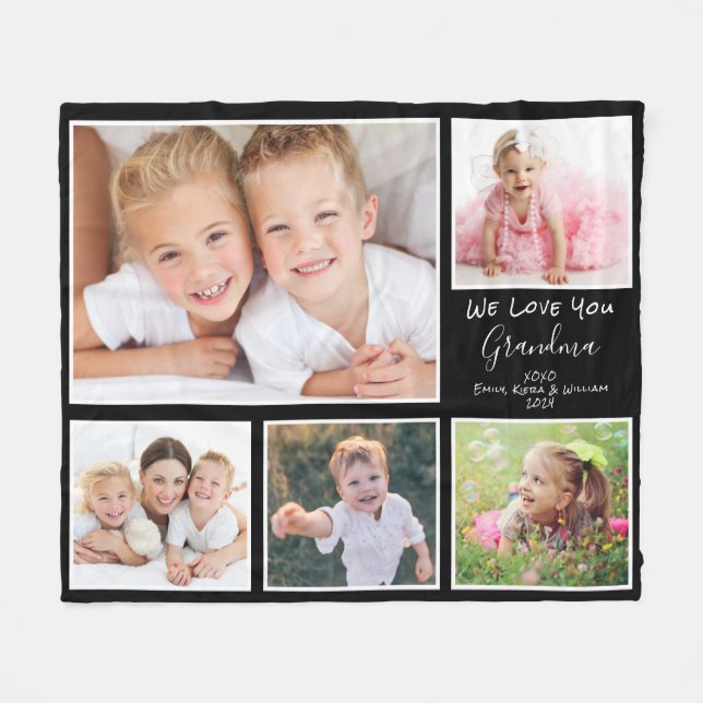 Grandma Photo Collage Black Fleece Blanket (Front (Horizontal))