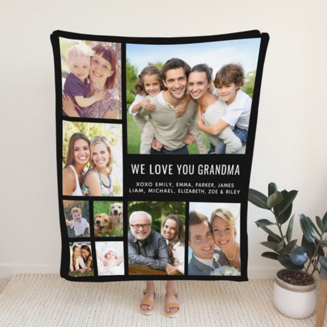 Grandma Photo Collage Black Fleece Blanket (Creator Uploaded)