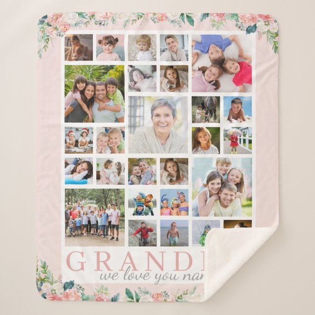 GRANDMA Photo Collage Floral Blush Pink Sherpa Blanket (Front)