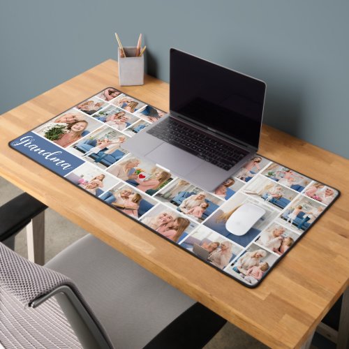 Grandma Photo Collage Grid Blue White Grandkids Desk Mat