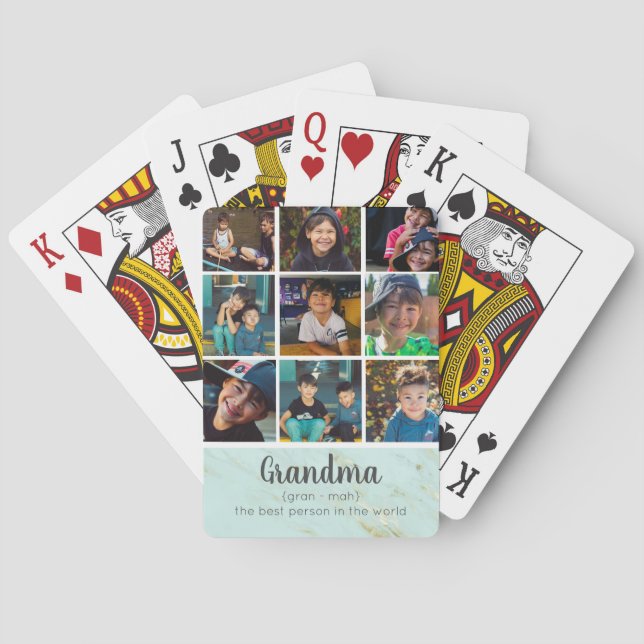 Grandma Photo Collage | Mint & Gold Marble Poker Cards (Back)