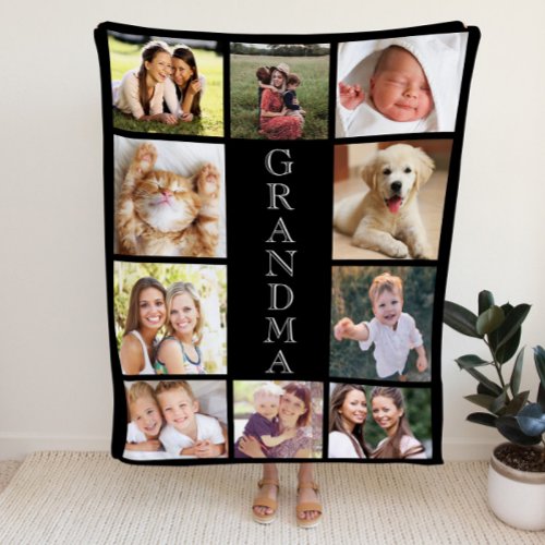 Grandma Photo Collage Personalized Black Fleece Blanket