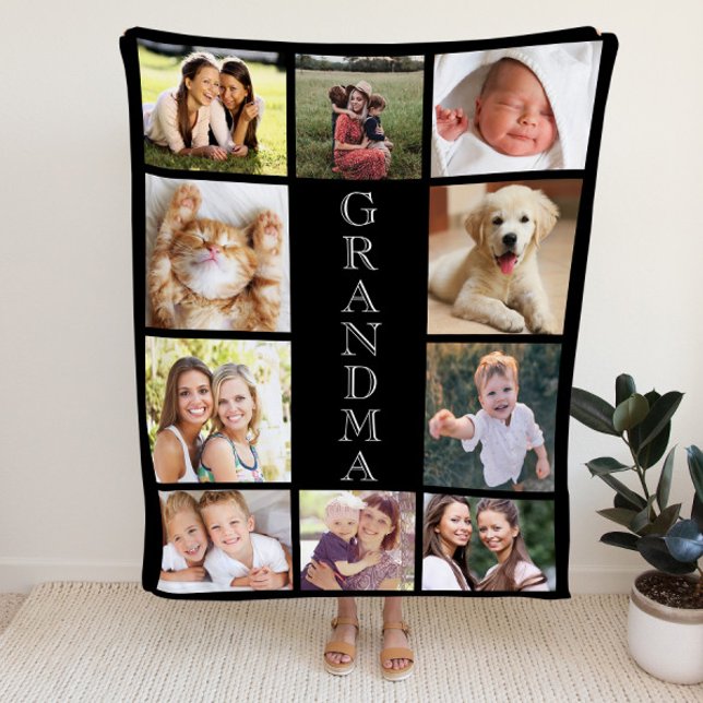 Grandma Photo Collage Personalized Black Fleece Blanket (Creator Uploaded)