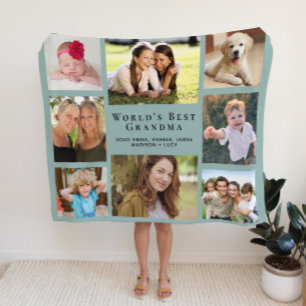 Grandma Photo Collage Sage Green Fleece Blanket