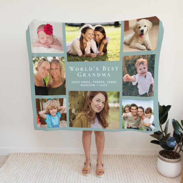 Grandma Photo Collage Sage Green Fleece Blanket (Creator Uploaded)