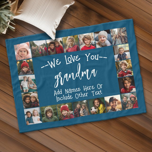 Grandma Photo Collage - Up to 20 photos Blue Fleece Blanket (Grandma Gift - Personalized fleece blanket with 20 photos and custom text)