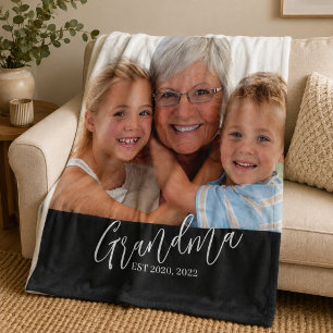 Grandma Photo Established Script Black White Fleece Blanket