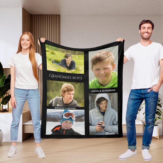 Grandma photo grandmother names boys black fleece blanket (Creator Uploaded)