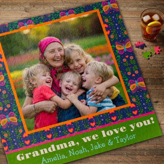 Grandma Photo Pretty Folk Butterfly Flowers Custom Jigsaw Puzzle (Creator Uploaded)