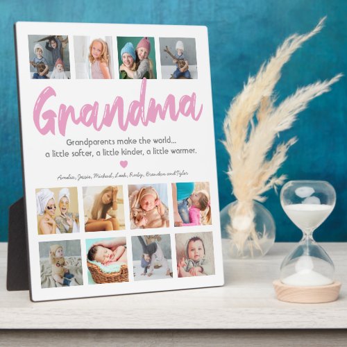 Grandma Photo & Quote Plaque - Grandmothers are simply the best! Let your nana know how special they are to you with this modern photo plaque featuring a simple white background that can be changed to any color, 12 pictures of the grandchildren, the word "Grandma" in a pink script font, a cute love heart, and their names.