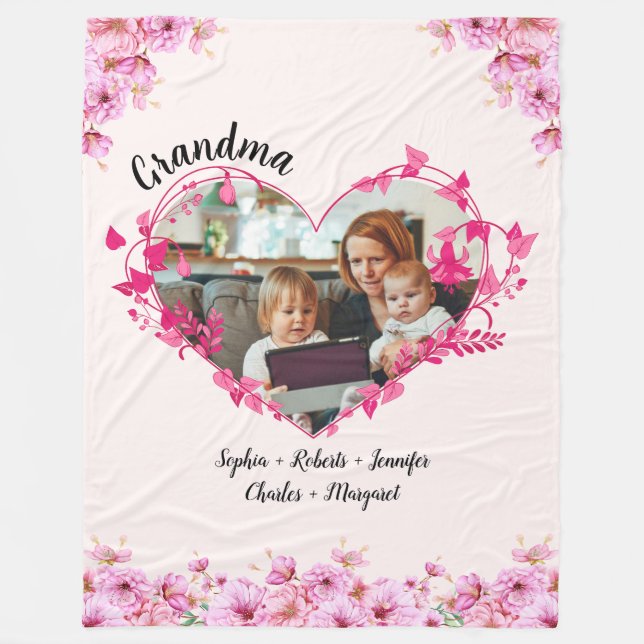 Grandma Pink flower heart | Custom Text & Photo Fleece Blanket (Front)
