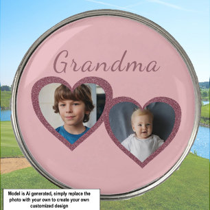 Grandma Pink Hearts 2 Grandchildren Photo Collage Golf Ball Marker