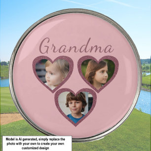 Grandma Pink Hearts 3 Grandchildren Photo Collage Golf Ball Marker